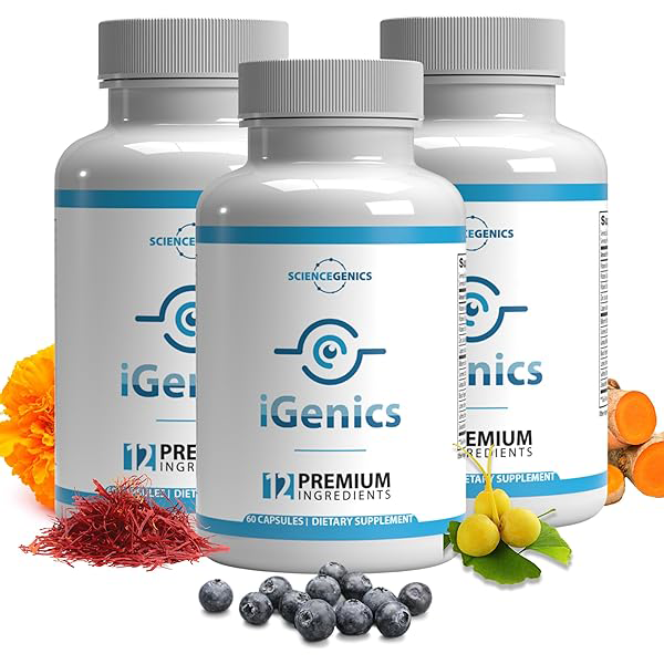 Close-up of an iGenics supplement bottle, highlighting its advanced eye care formula